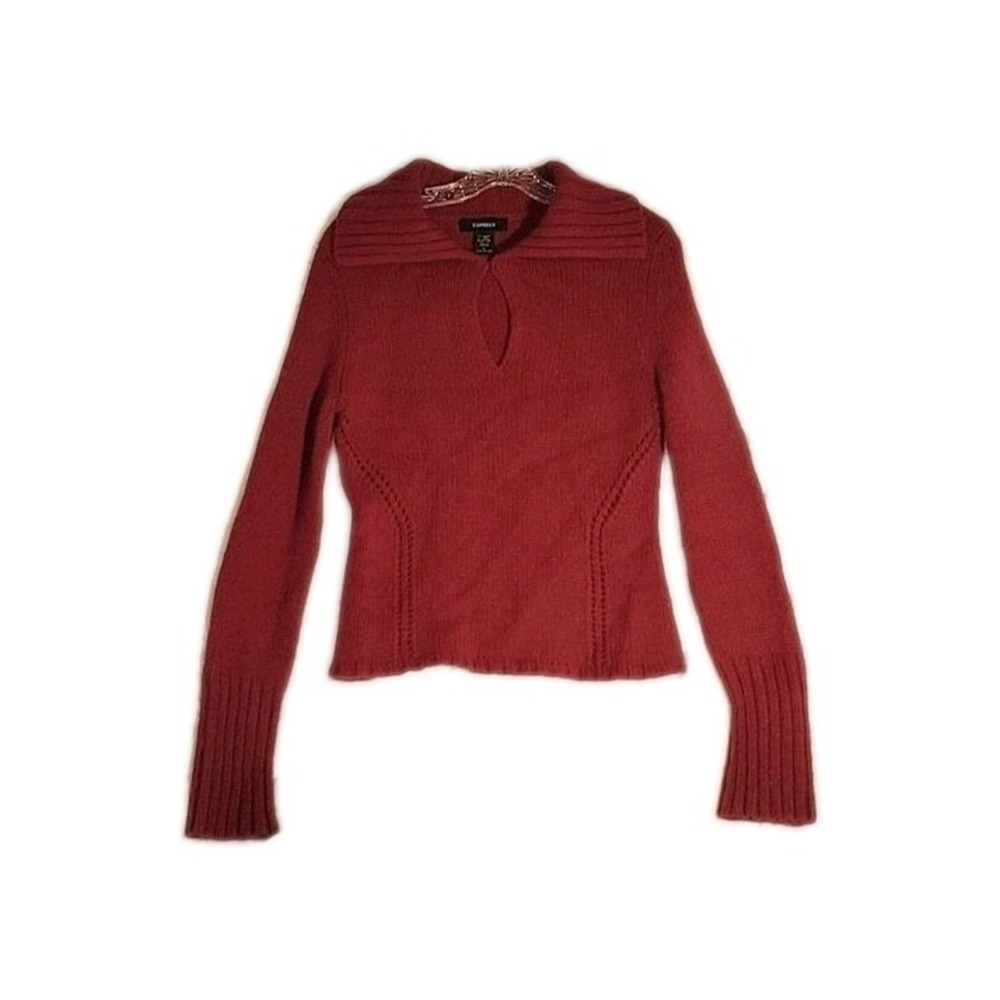 Express Wool Angora Blend Sweater Ribbed Collar Keyhole Long Sleeve